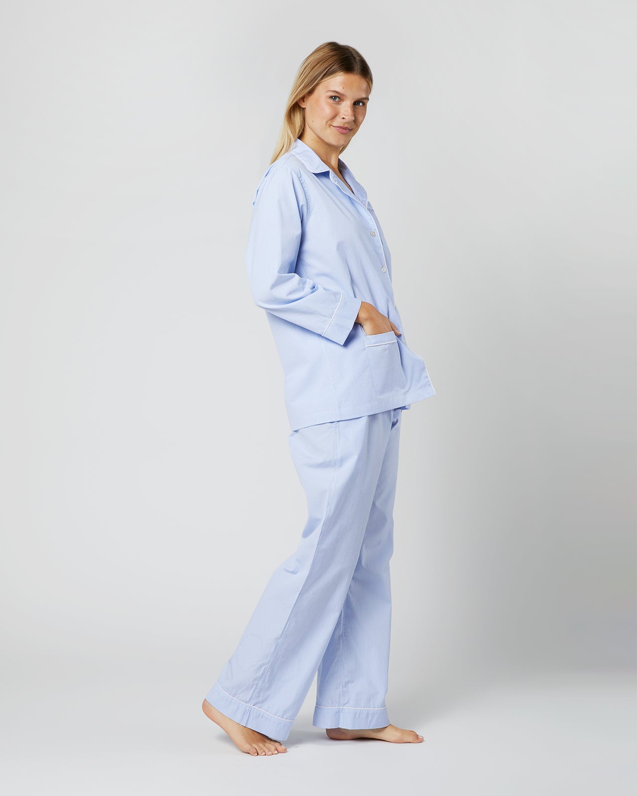 Pajama Set in Sky Small Bengal Stripe Poplin