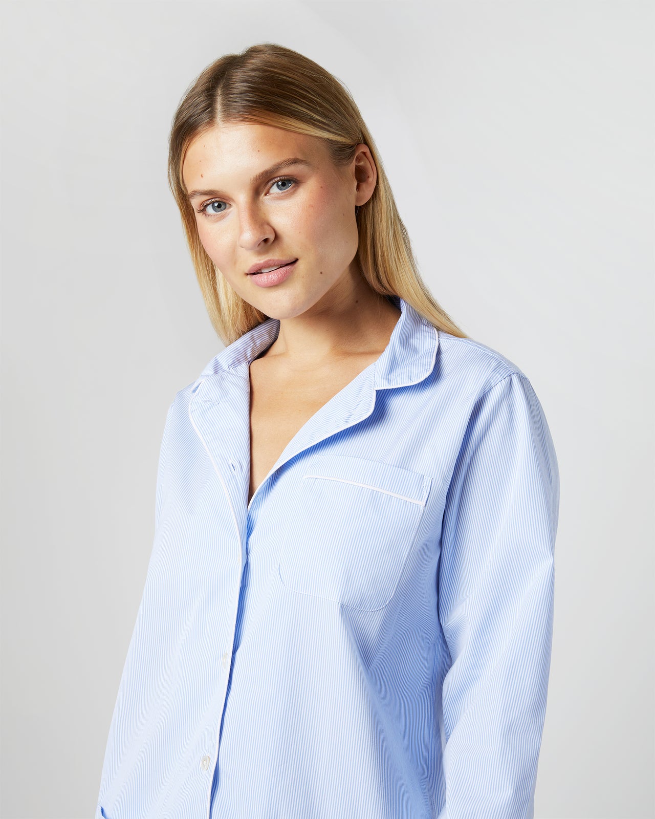 Pajama Set in Sky Small Bengal Stripe Poplin