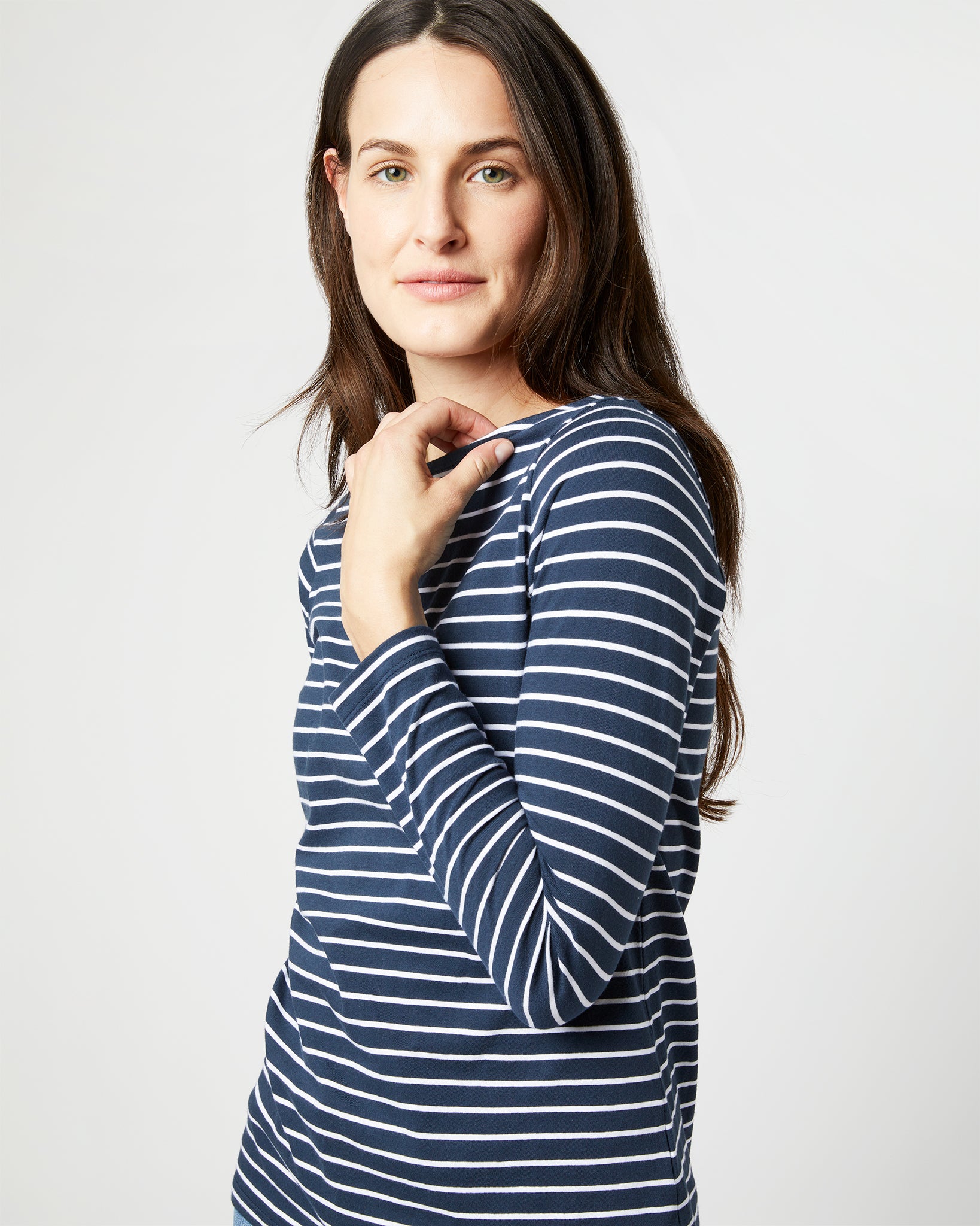 Long-Sleeved Boatneck Tee in Navy Stripe Jersey | Shop Ann Mashburn