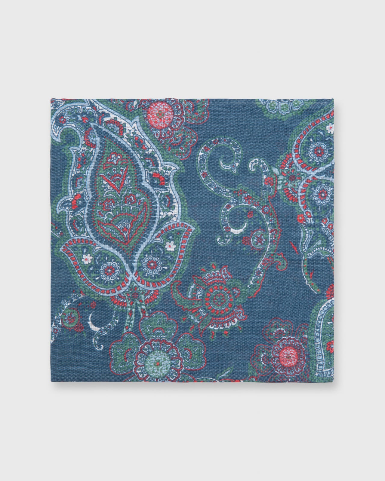 Linen/Cotton Print Pocket Square Prussian Blue/Sage/Red Paisley