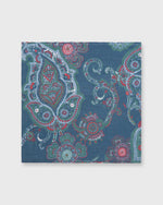 Load image into Gallery viewer, Linen/Cotton Print Pocket Square Prussian Blue/Sage/Red Paisley
