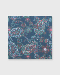 Linen/Cotton Print Pocket Square Prussian Blue/Sage/Red Paisley