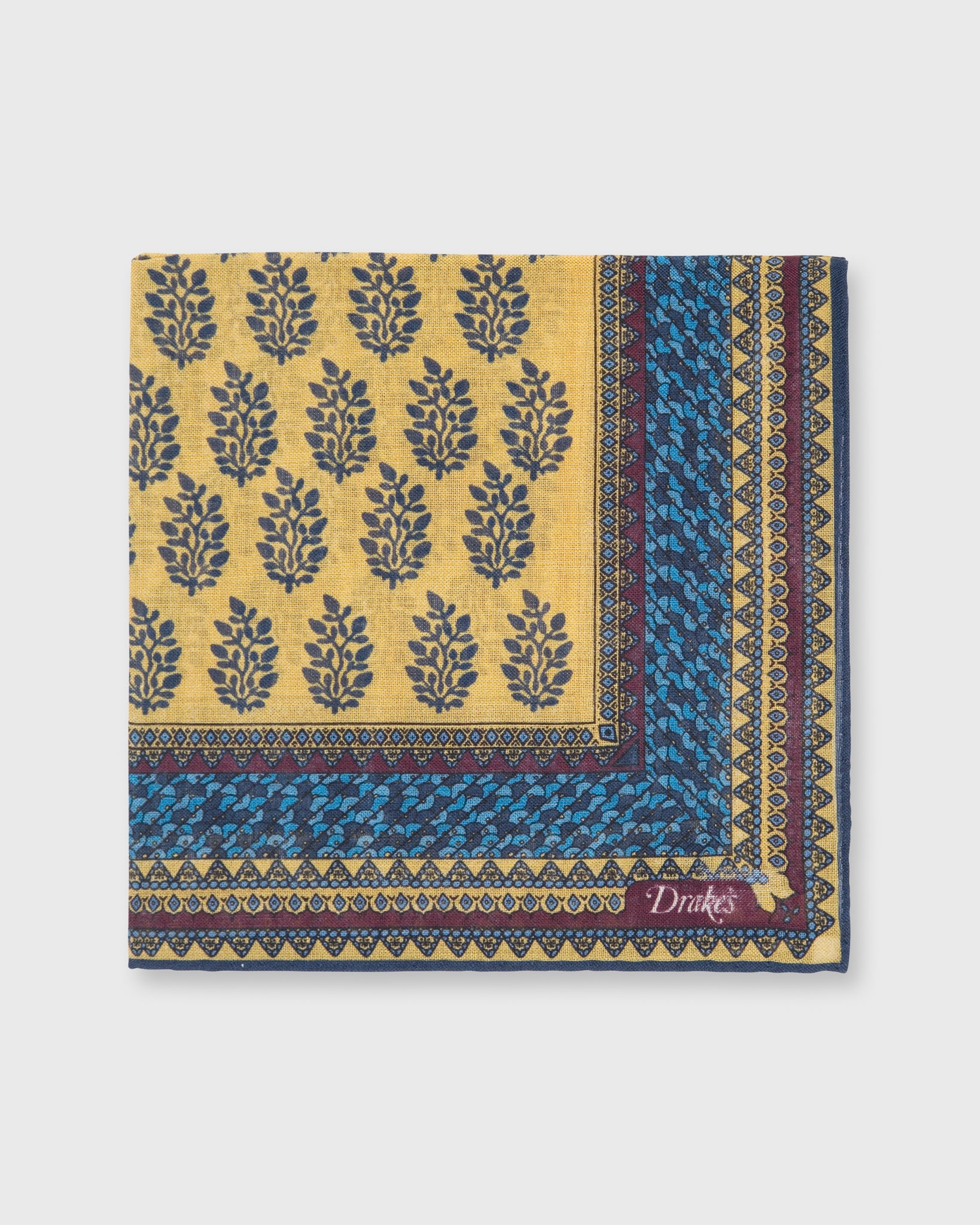 Hand-Rolled Pocket Square Yellow Gold/Blue Block Pine