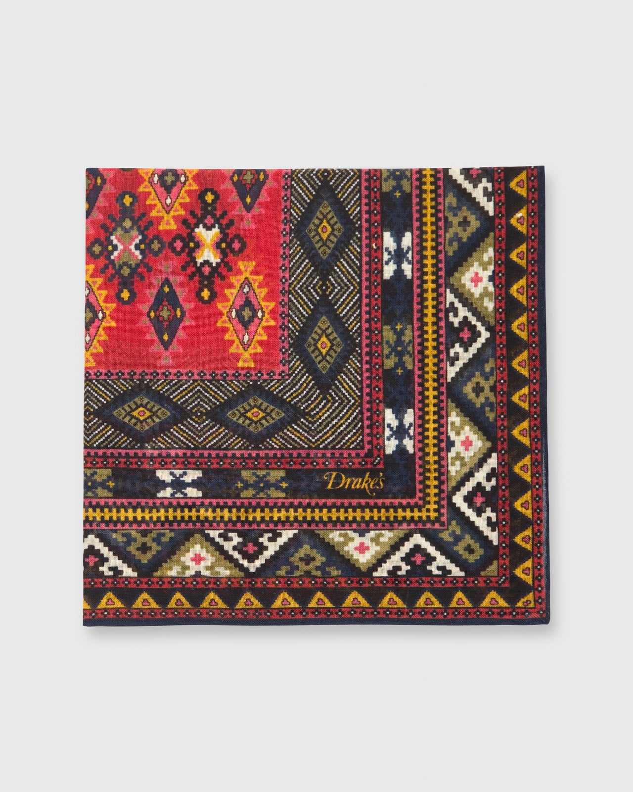 Hand-Rolled Pocket Square Dark Navy/Tomato/Multi Geo Kelim