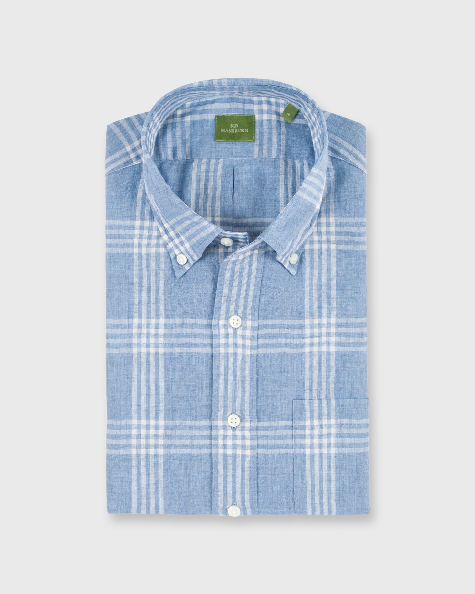 Button-Down Sport Shirt Dusty Blue Plaid Linen Chambray