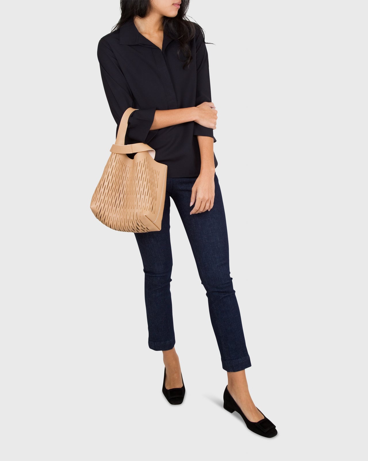 Reversible Laser-Cut Bucket Bag Camel/Blush Leather