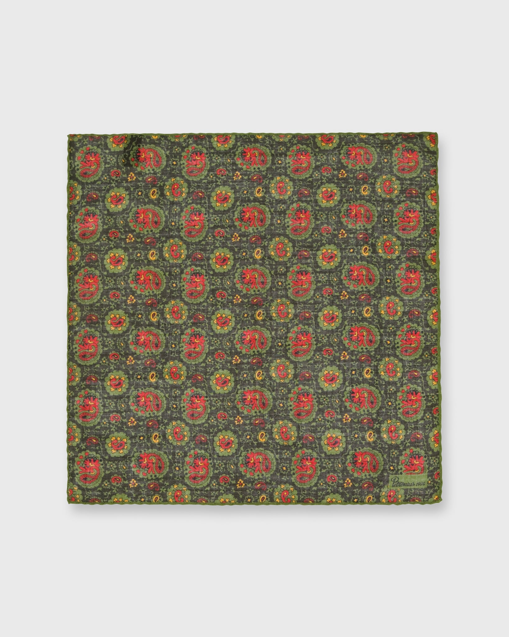 Hand-Rolled Pocket Square Loden/Red Paisley