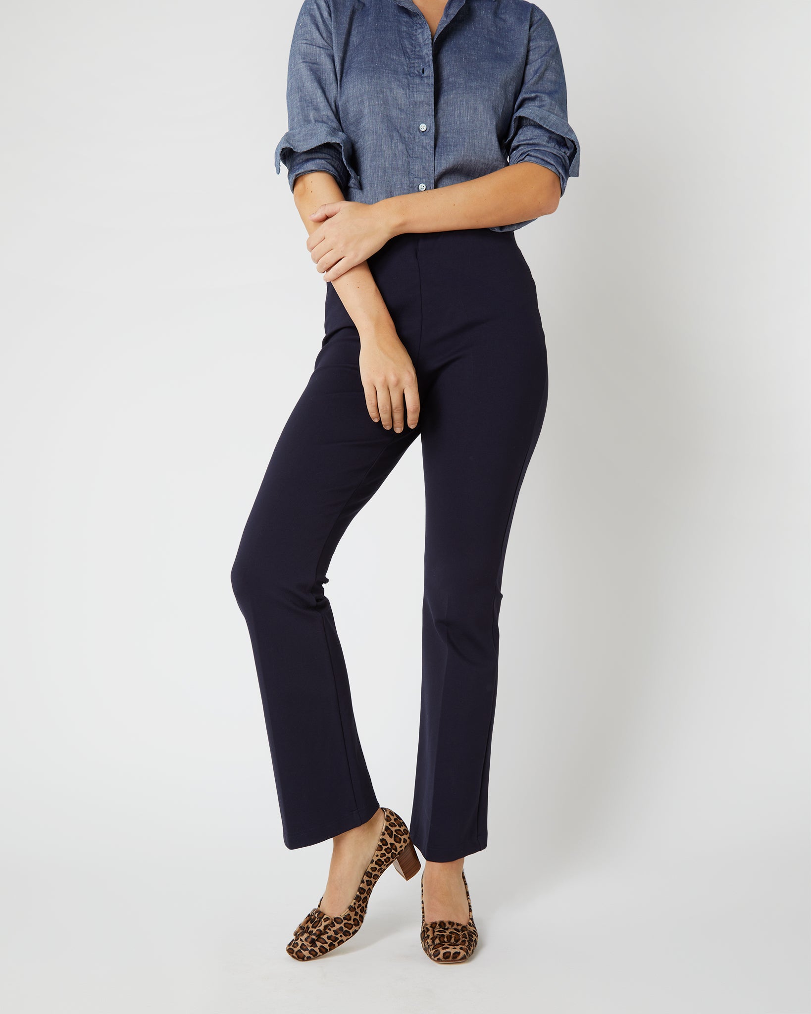Faye Flare Cropped Pant in Navy Ponte Knit