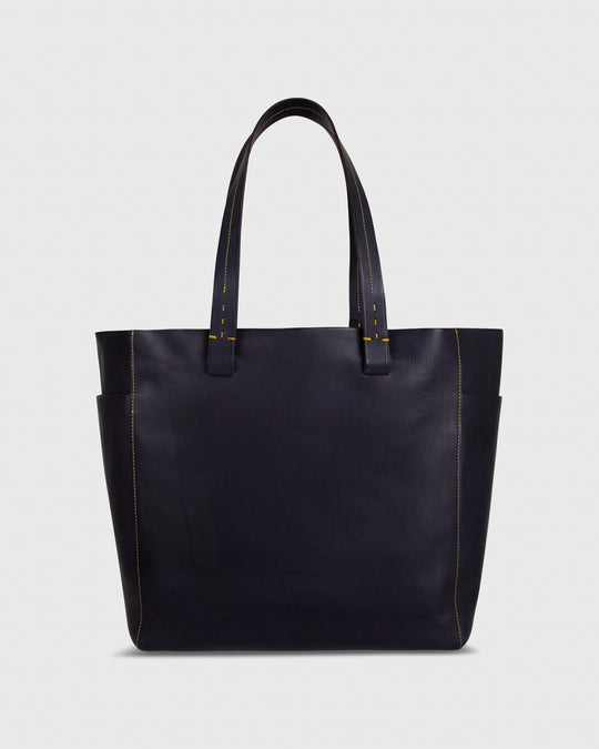 Leather Tote with Trolley Strap Navy