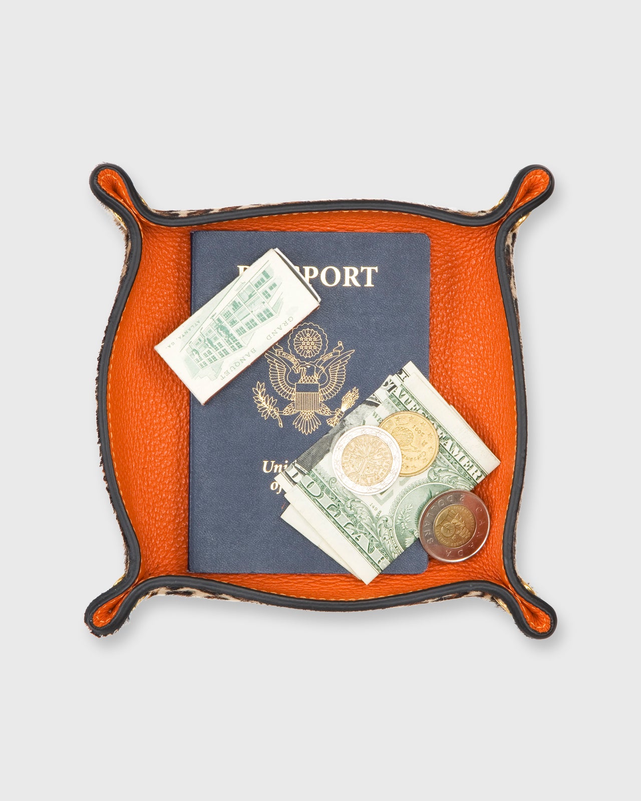 Soft Medium Square Tray in Orange Leather/Leopard Calf Hair