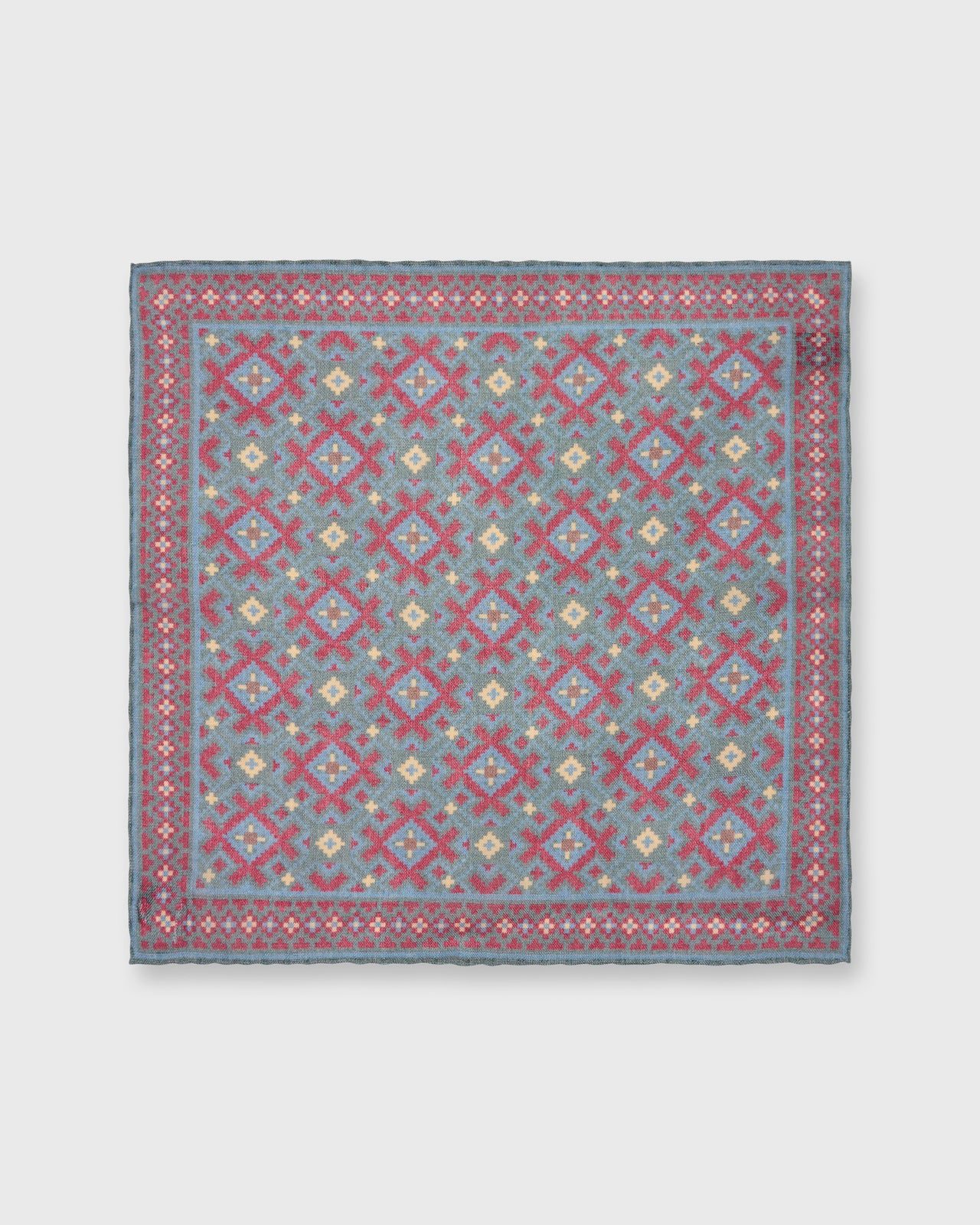 Wool/Silk Print Pocket Square in Evergreen/Burgundy/Gold Aztec