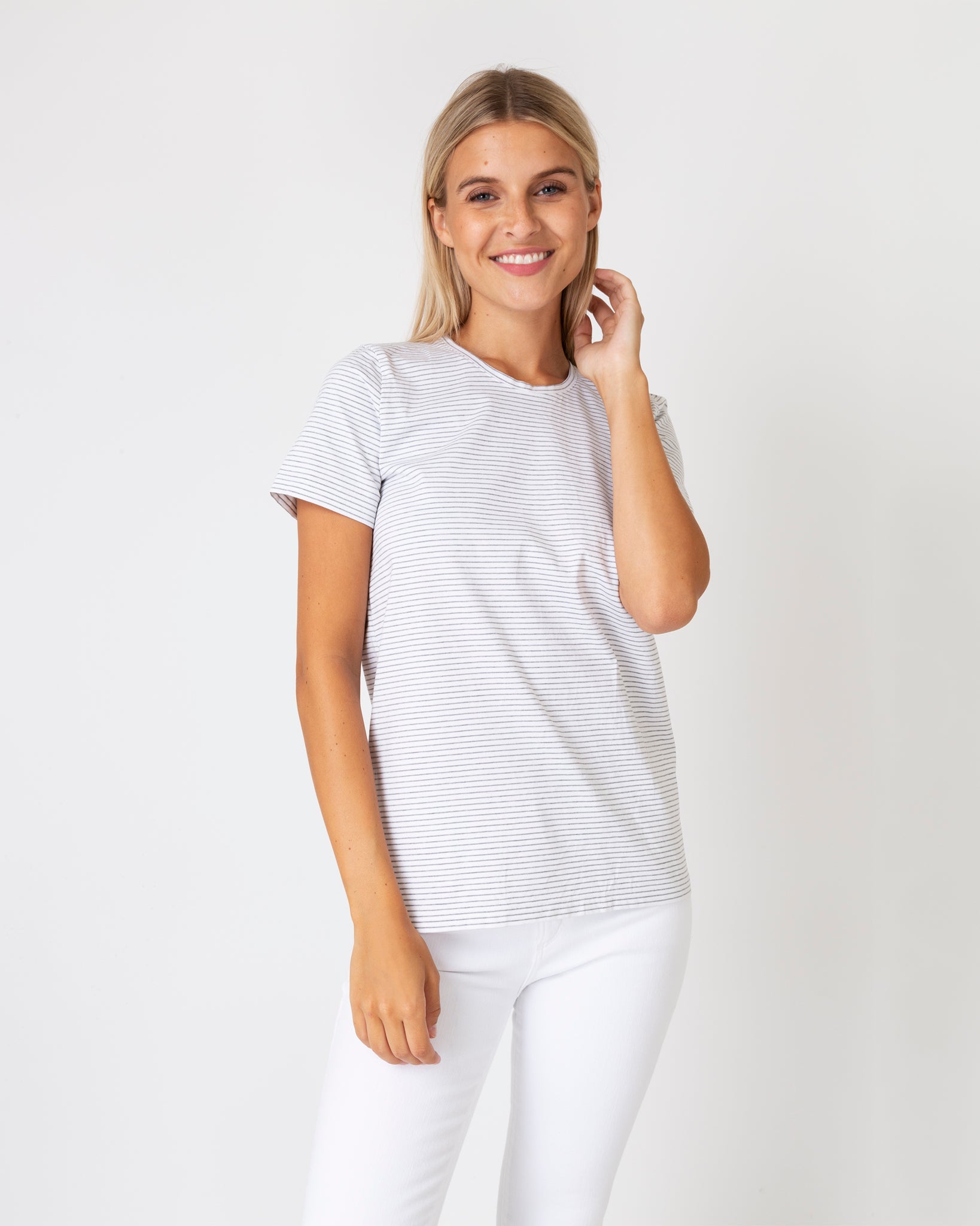 Short-Sleeved Relaxed Tee in White/Heather Grey Stripe Jersey
