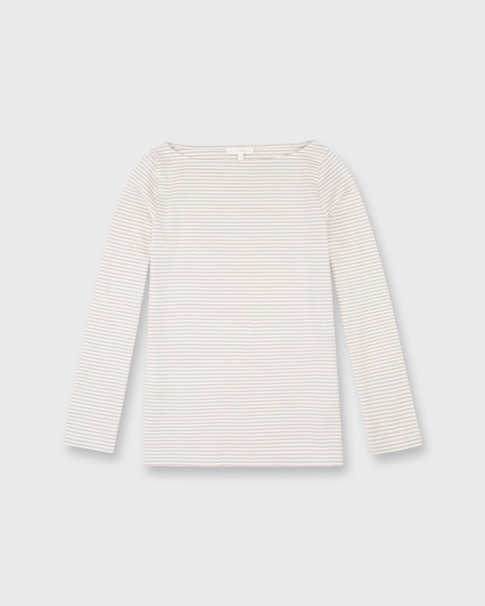 Long-Sleeved Boatneck Tee in Taupe/Ivory Stripe Compact Jersey