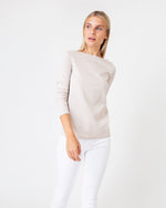 Load image into Gallery viewer, Long-Sleeved Boatneck Tee in Taupe/Ivory Stripe Compact Jersey
