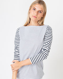 navy and white striped boatneck shirt