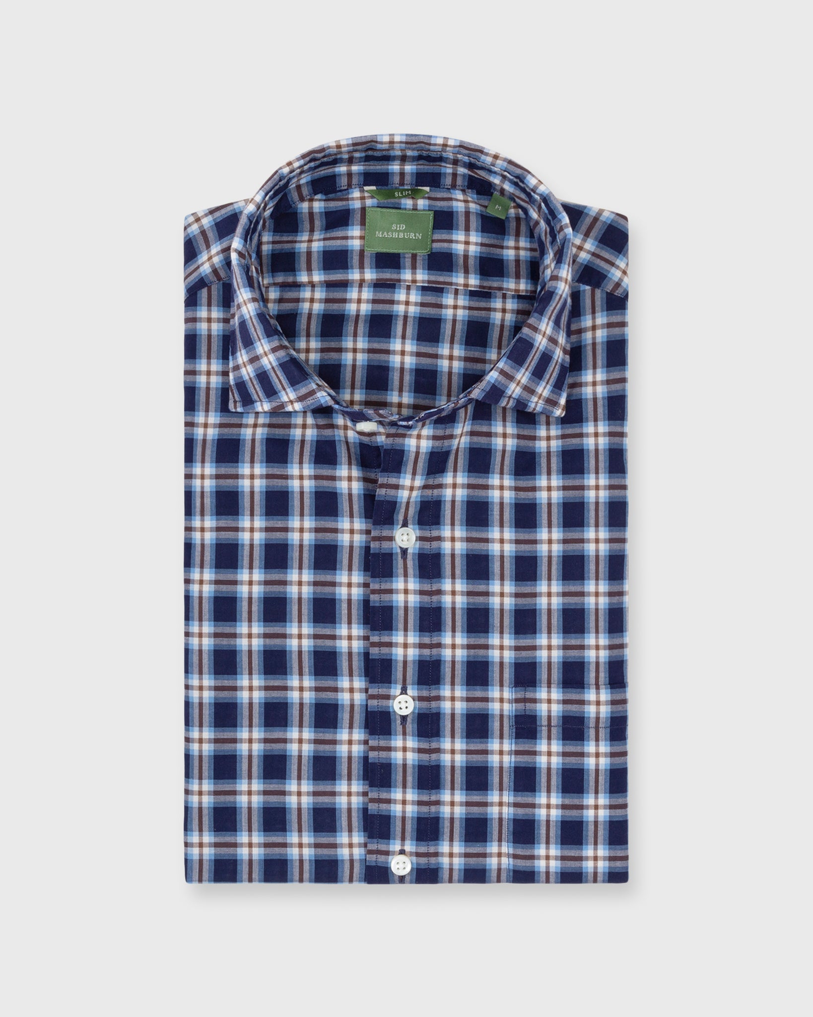 Slim-Fit Spread Collar Sport Shirt in Brown/Navy/Sky Plaid Poplin