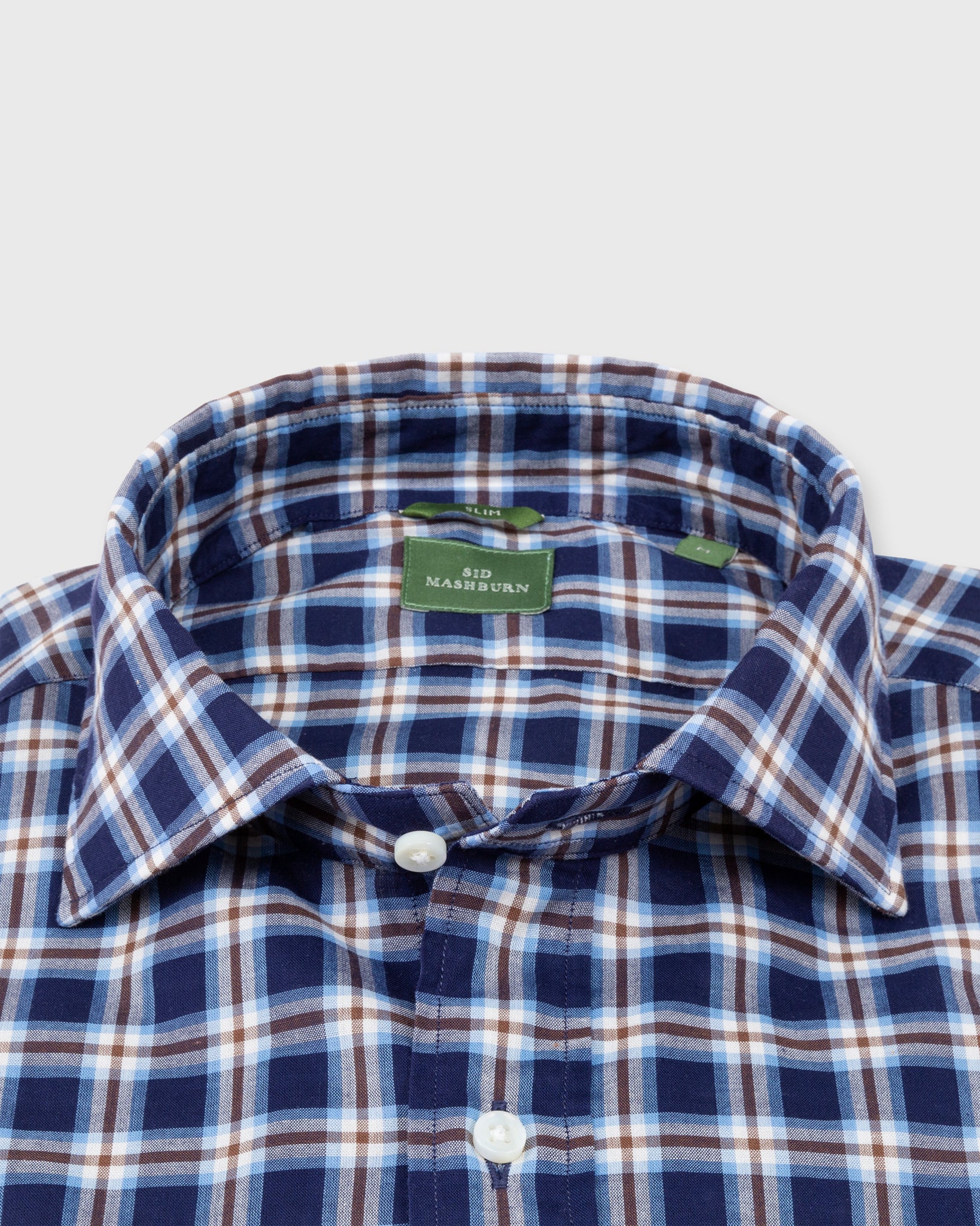 Slim-Fit Spread Collar Sport Shirt in Brown/Navy/Sky Plaid Poplin