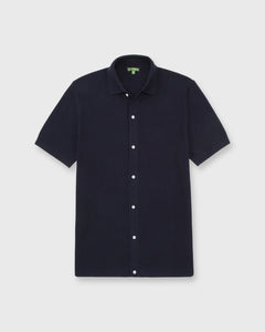 Full-Placket Shirt Sweater in Navy Cotton