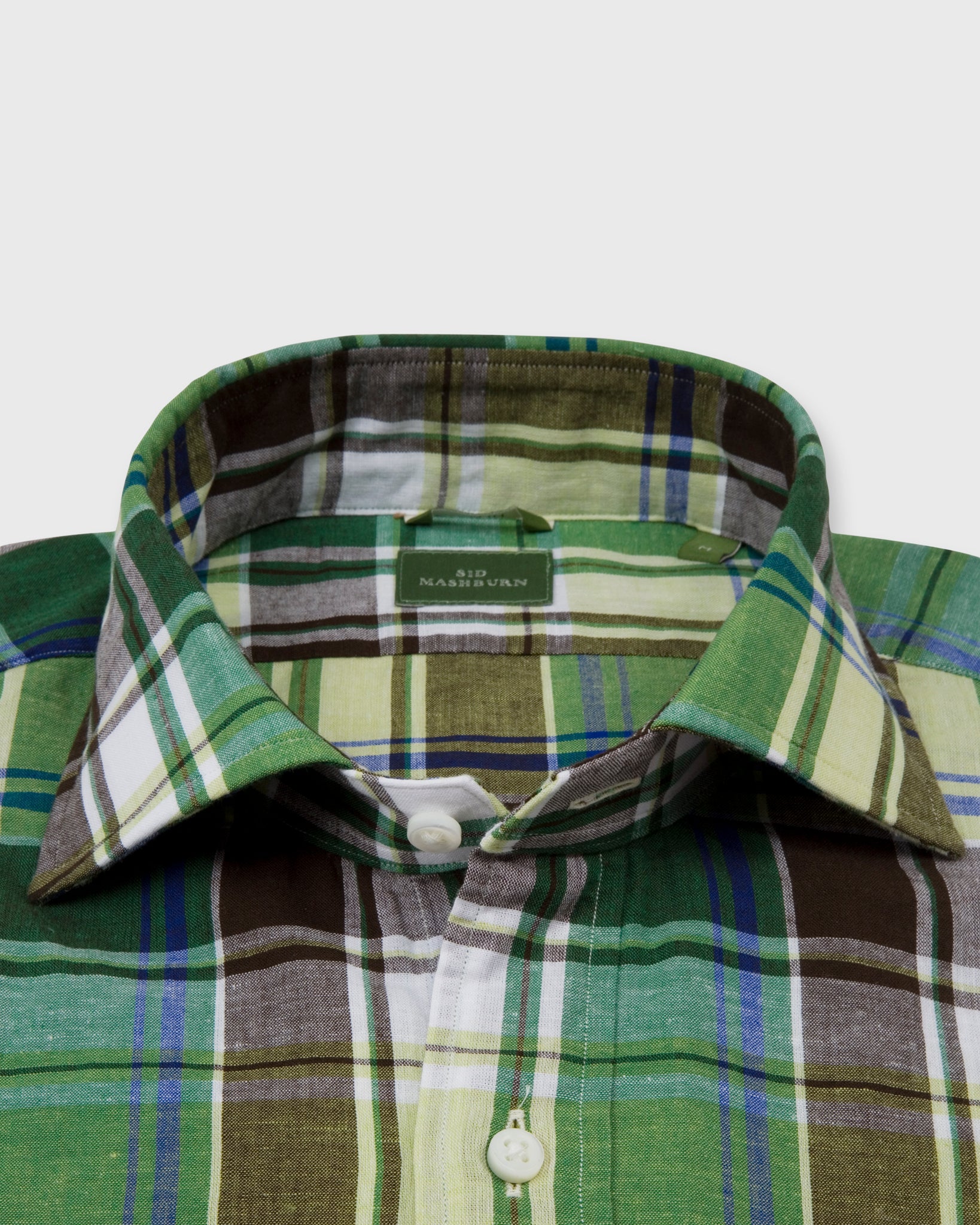 Slim-Fit Spread Collar Sport Shirt in Green/Brown/Blue Plaid Chambray