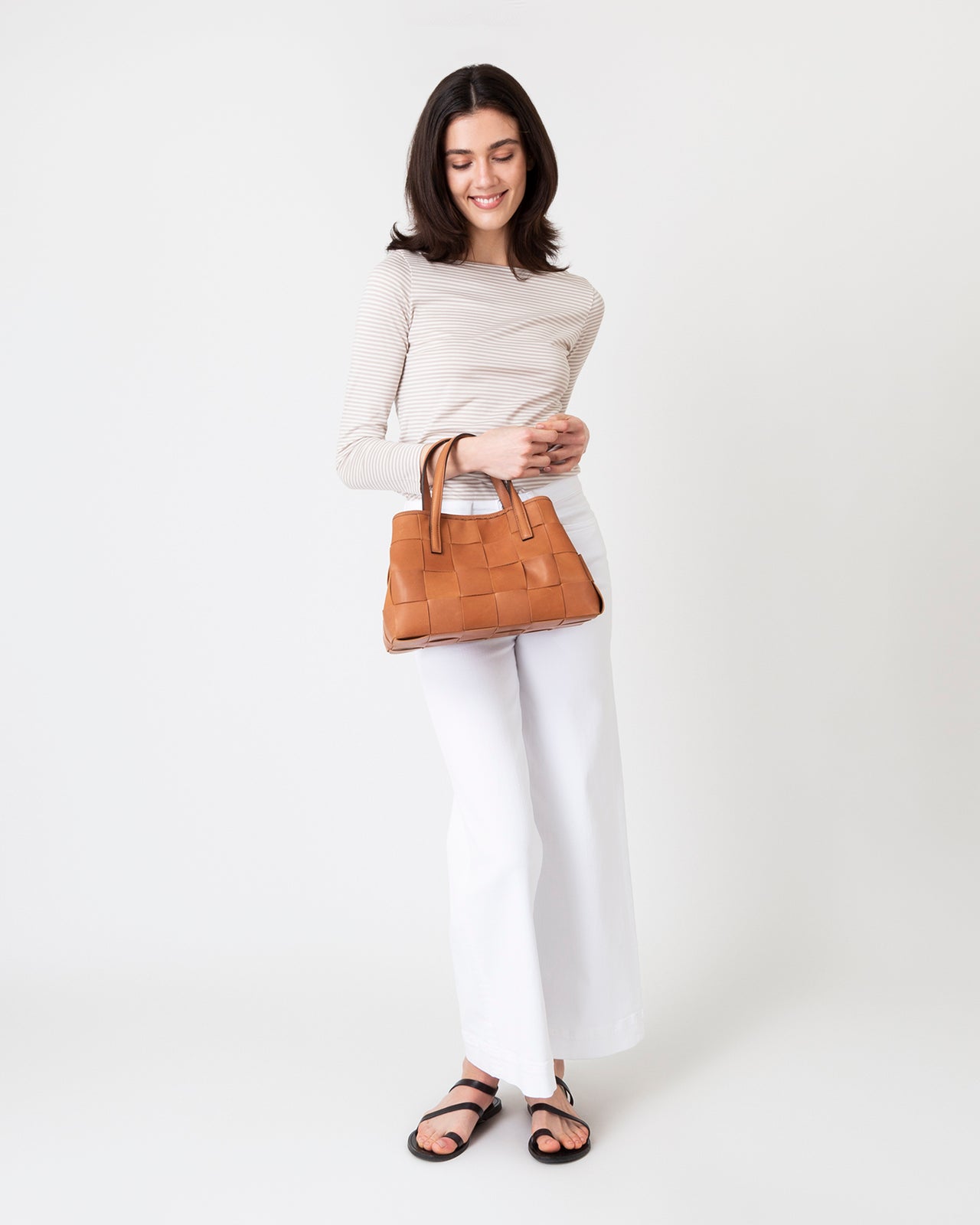 Wide Woven Satchel Bag in Biscuit Leather