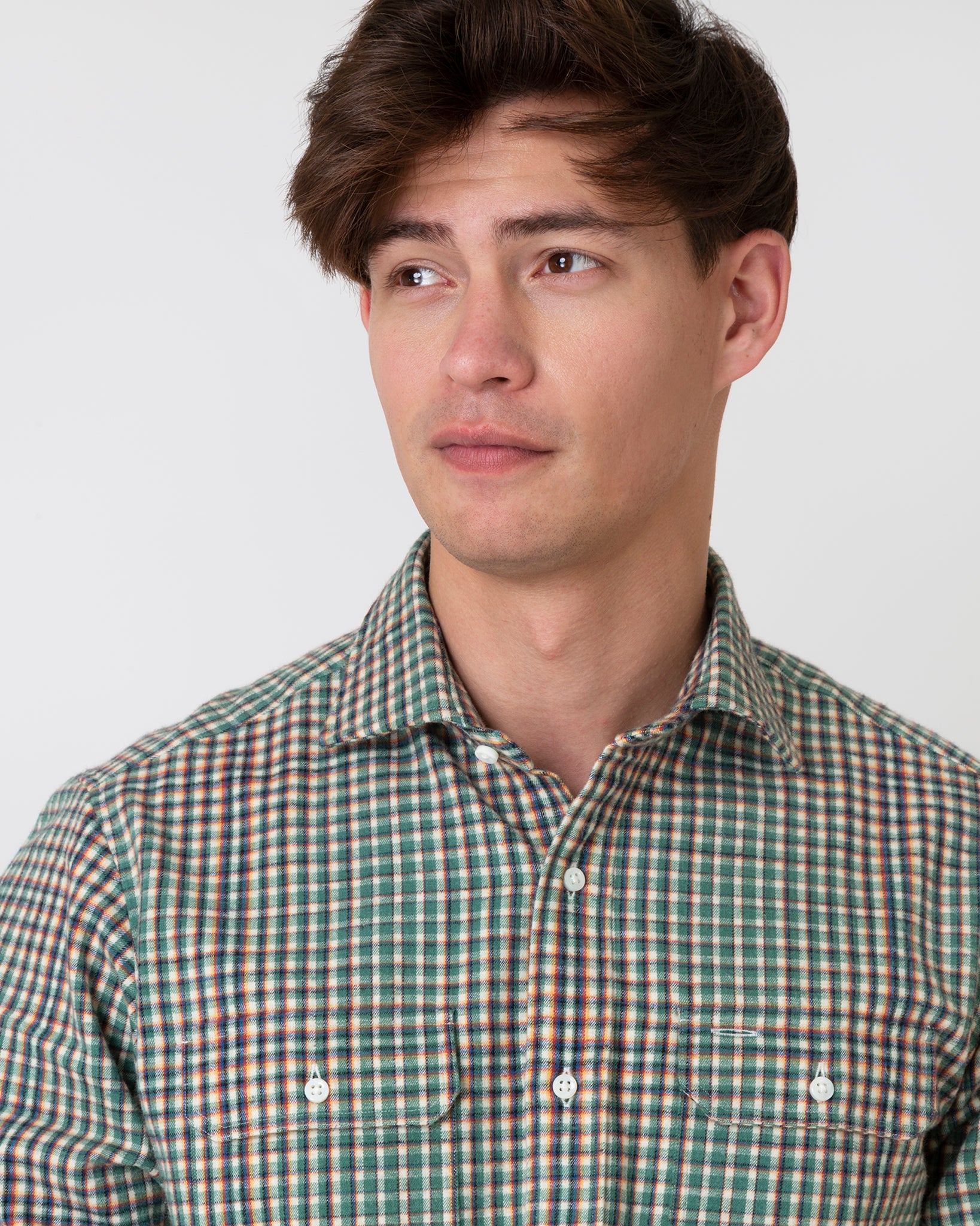 Spread Collar Work Shirt in Green/Yellow/Blue Plaid Brushed Twill
