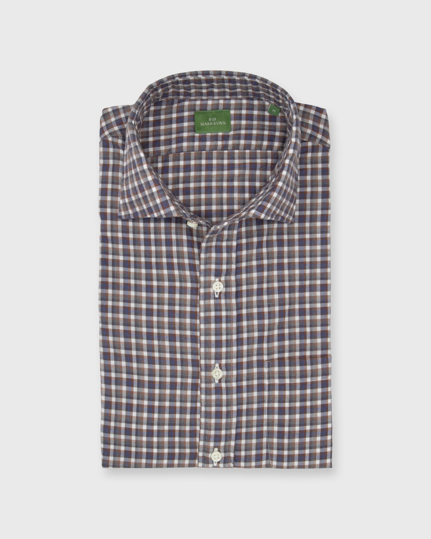 Spread Collar Sport Shirt in Grey/Cobalt/Brown Check Brushed Twill