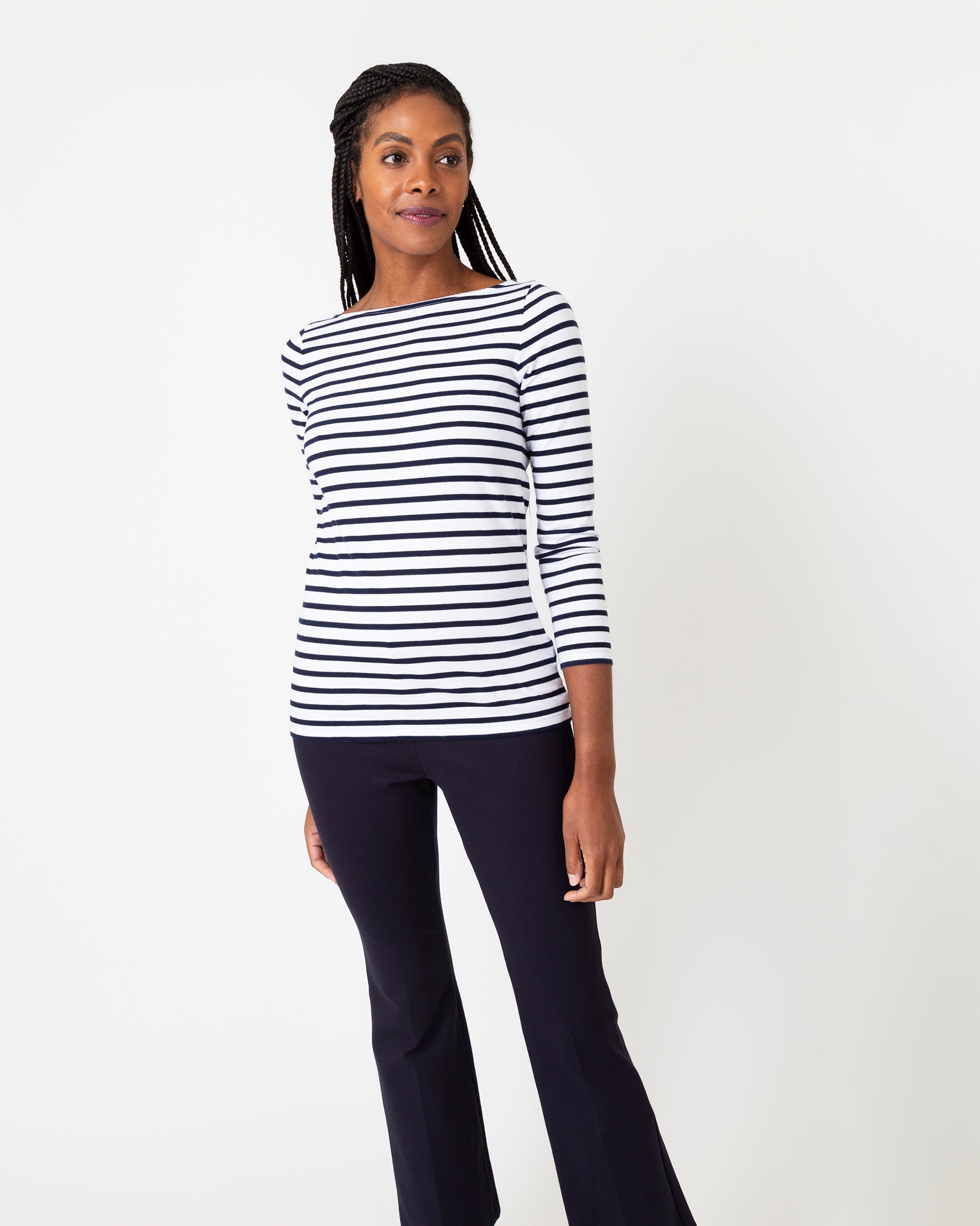 Long-Sleeved Boatneck Tee in White/Navy Stripe Compact Jersey