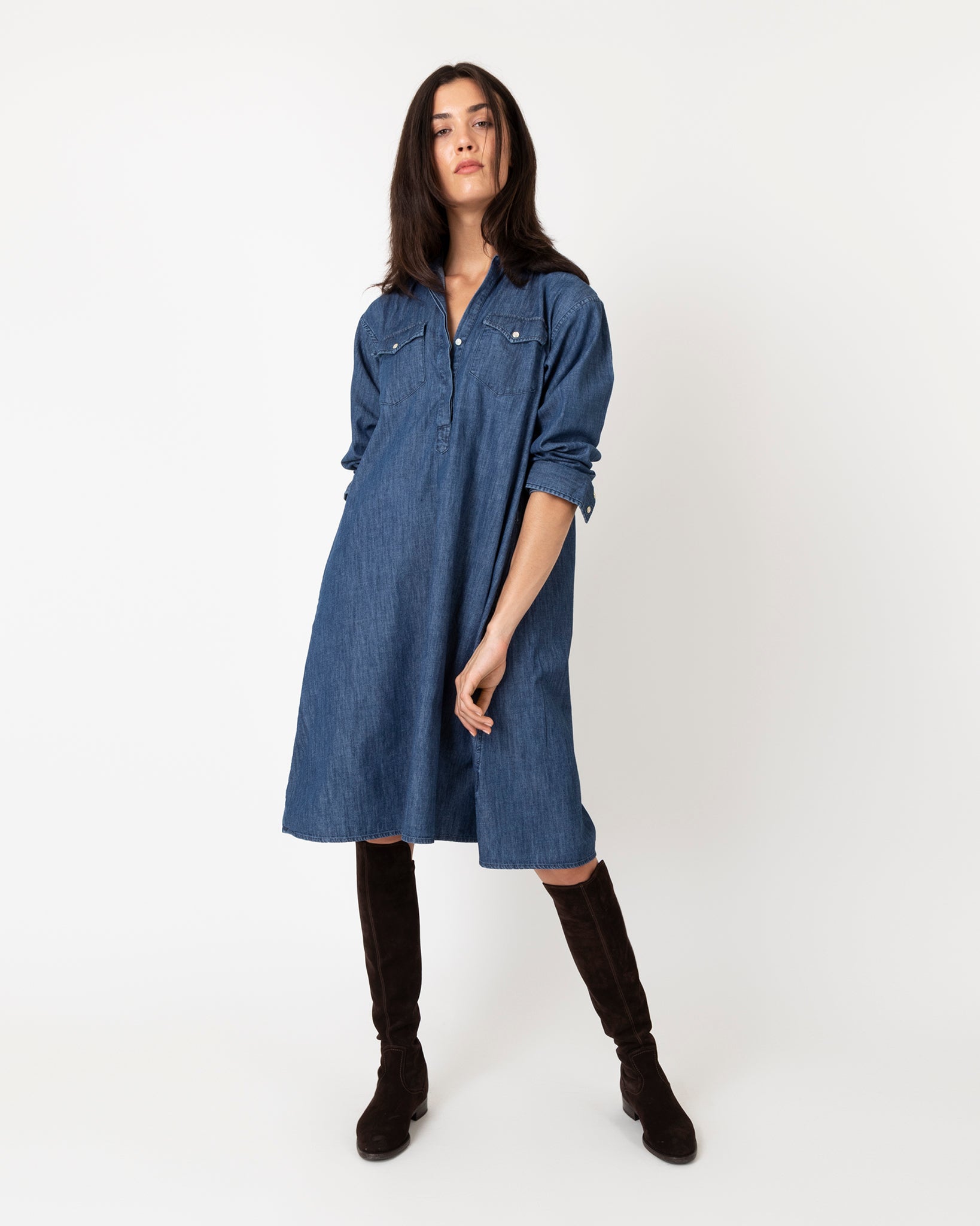 Western Volume Dress in 1-Year Indigo Denim | Shop Ann Mashburn