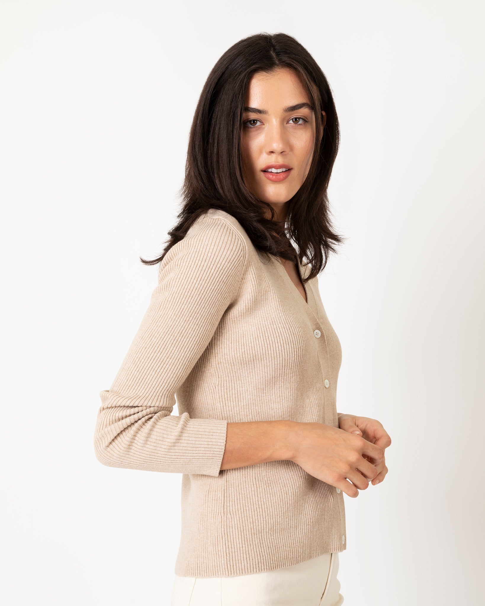 Nia Long-Sleeved Ribbed Cardigan in Oatmeal Cotton/Silk Blend
