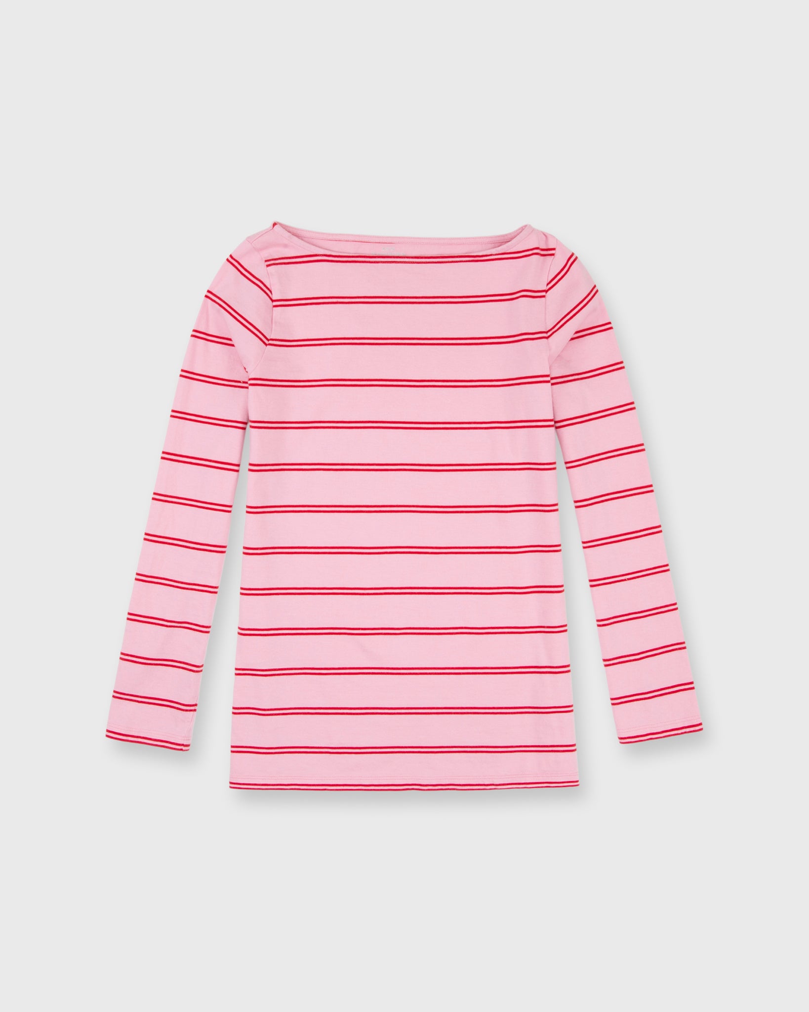 Long-Sleeved Boatneck Tee in Pink/Red Stripe Jersey