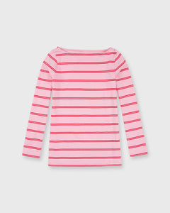 Long-Sleeved Boatneck Tee in Pink/Red Stripe Jersey