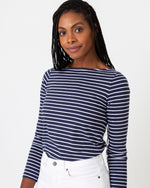 Load image into Gallery viewer, Long-Sleeved Boatneck Tee in Navy/White Stripe Jersey
