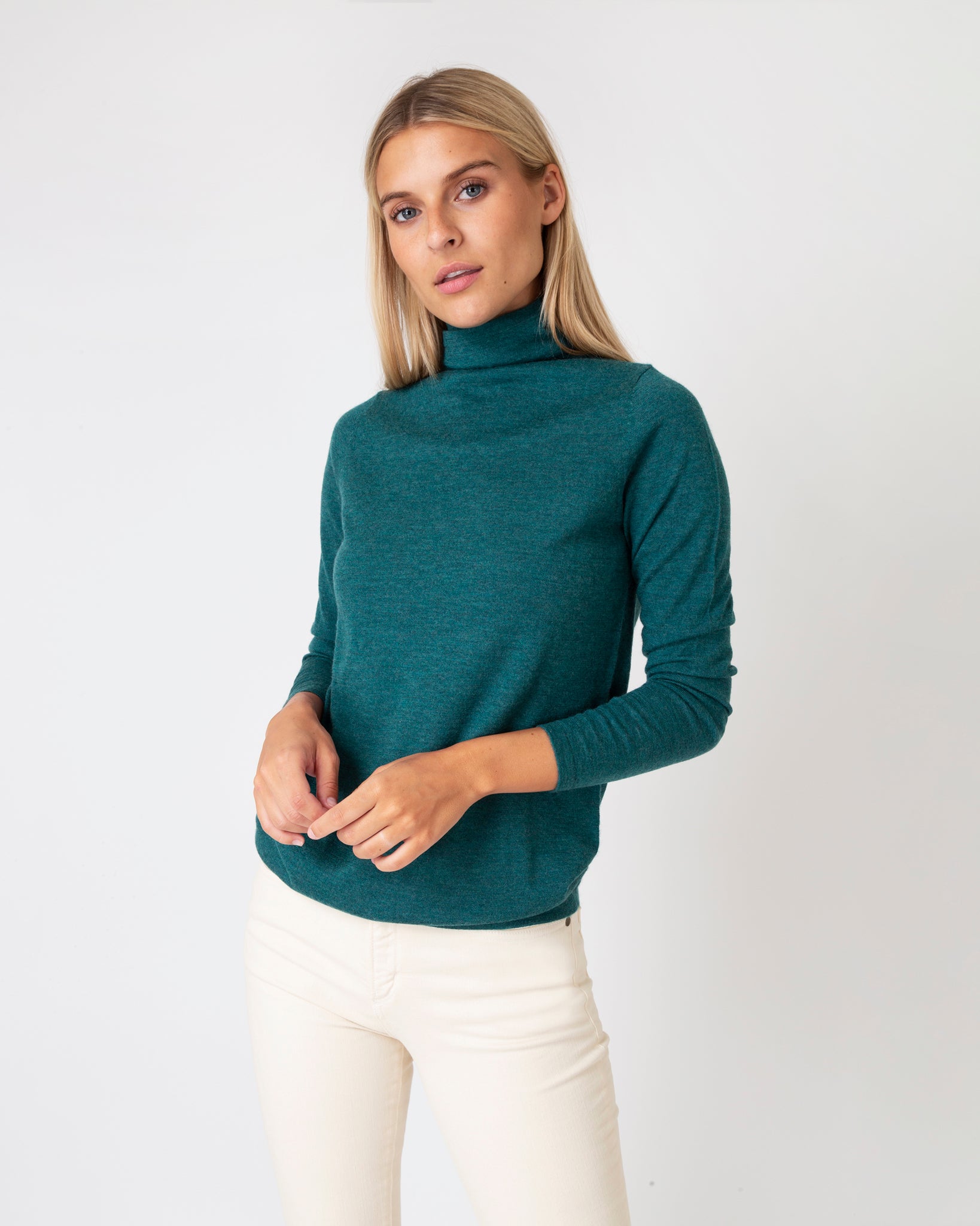 Superfine Funnel-Neck Sweater in Highland Green Cashmere | Shop Ann Mashburn