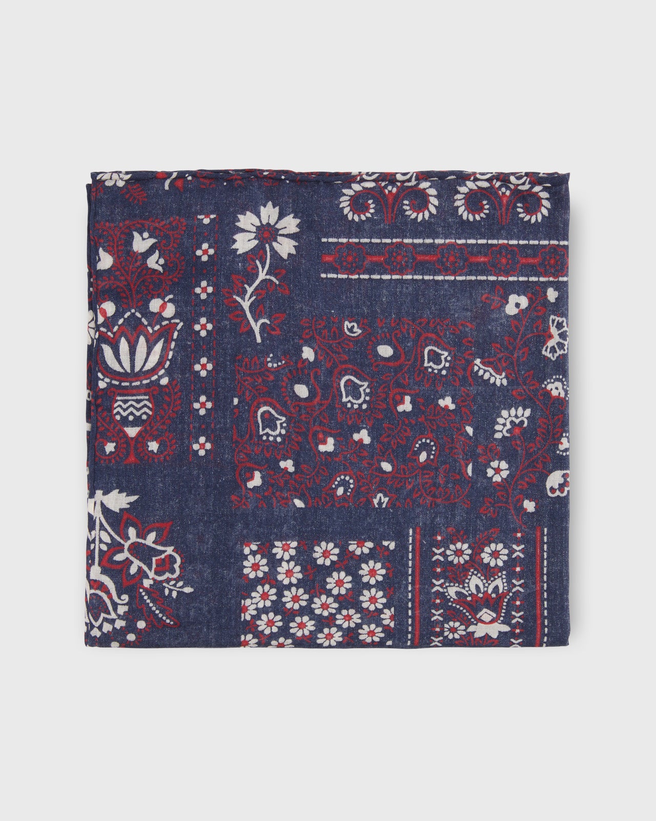 Hand-Rolled Cotton Print Pocket Square in Navy Patchwork Paisley