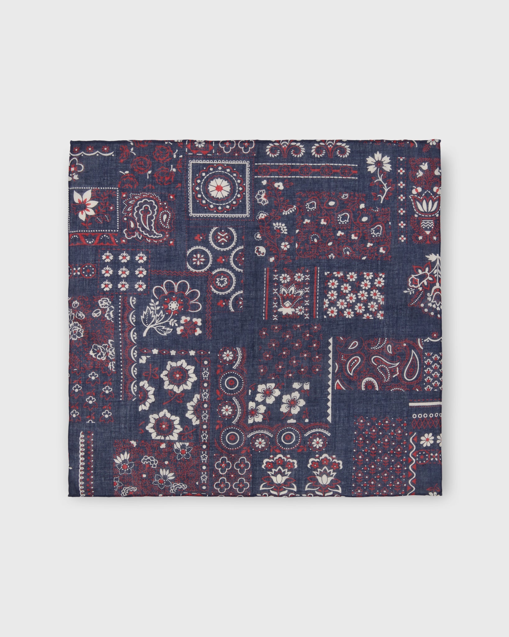 Cotton Print Pocket Square in Navy Patchwork Paisley