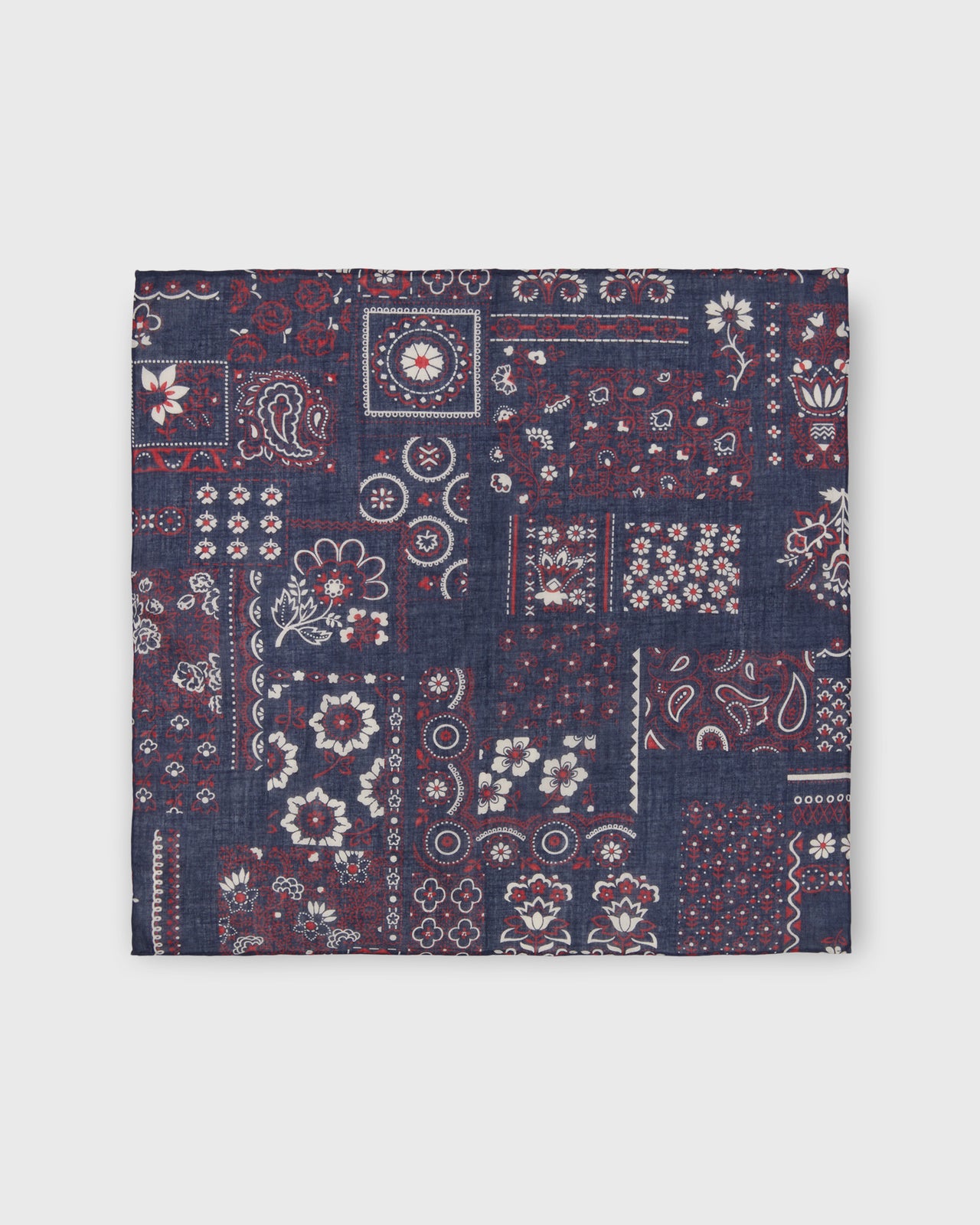 Hand-Rolled Cotton Print Pocket Square in Navy Patchwork Paisley