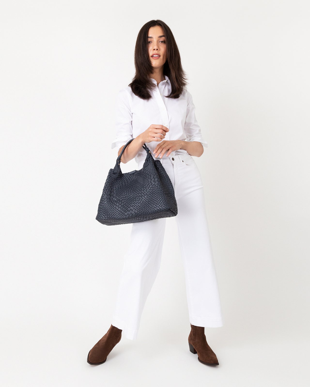 Cate Handwoven Satchel Bag in Navy Leather