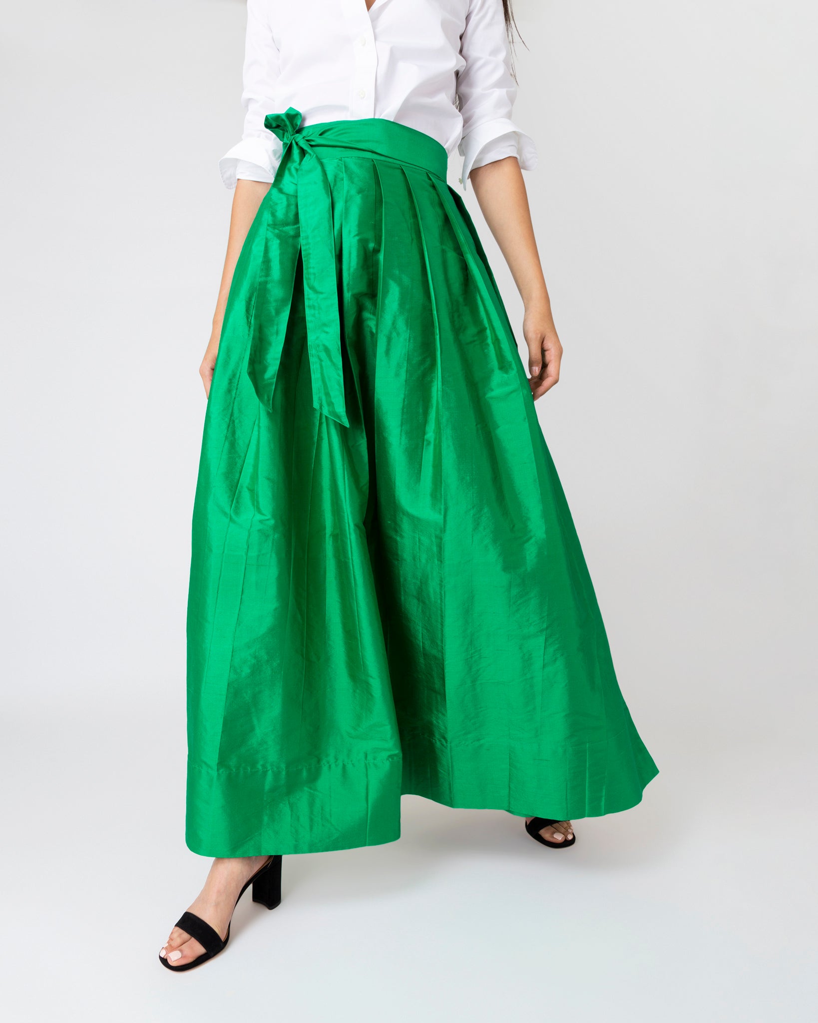 Pleated Wrap Skirt in Emerald Silk Shantung | Shop Ann Mashburn