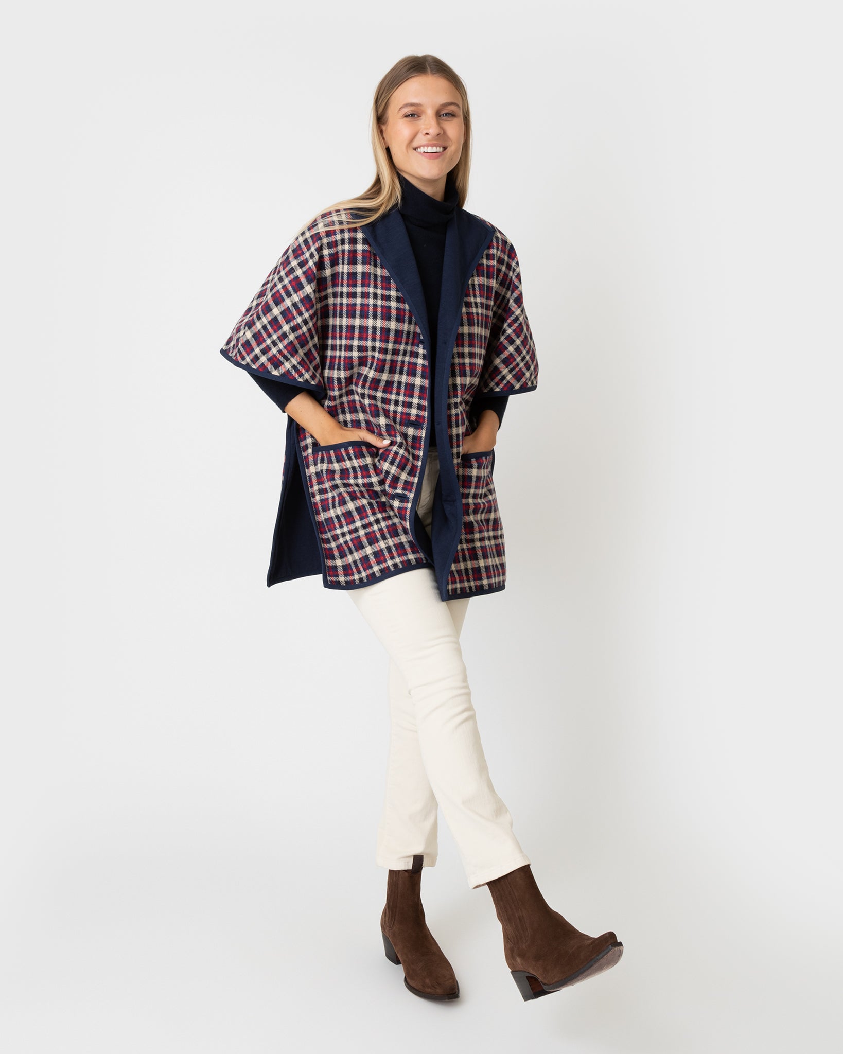 Arya Cape in Navy/Red Multi Plaid Knit