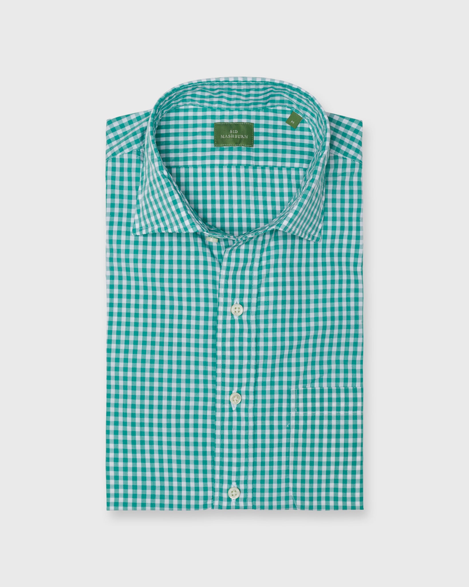 Spread Collar Sport Shirt in Green Gingham Poplin