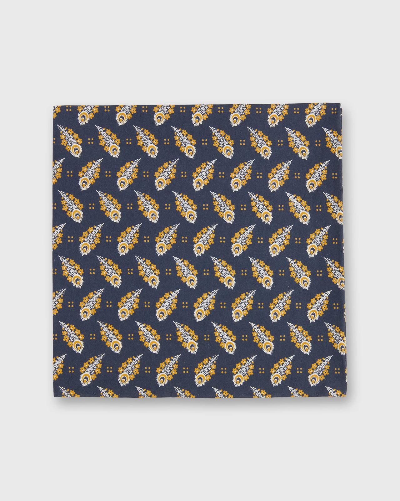 Hand-Rolled Cotton Print Pocket Square in Navy/Gold Paisley Feather Liberty Fabric