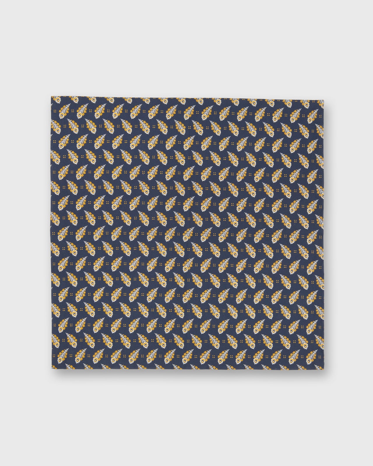 Hand-Rolled Cotton Print Pocket Square in Navy/Gold Paisley Feather Liberty Fabric