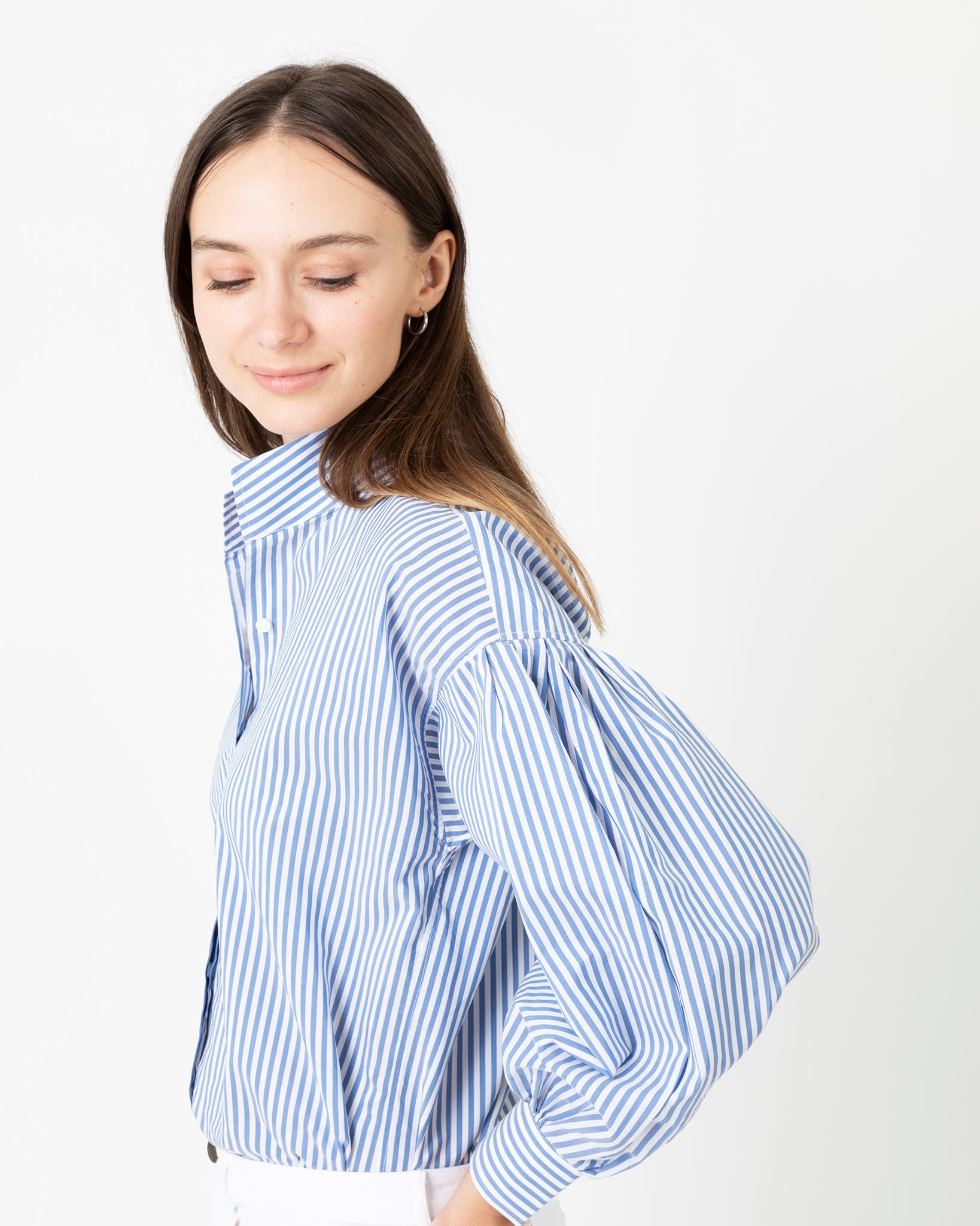 Mirabella Shirt in Blue/White Banker Stripe Cotton/Silk | Shop Ann