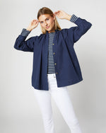 Load image into Gallery viewer, Frill Liya Shirt Jacket in Navy Garment-Dyed Stretch Poplin
