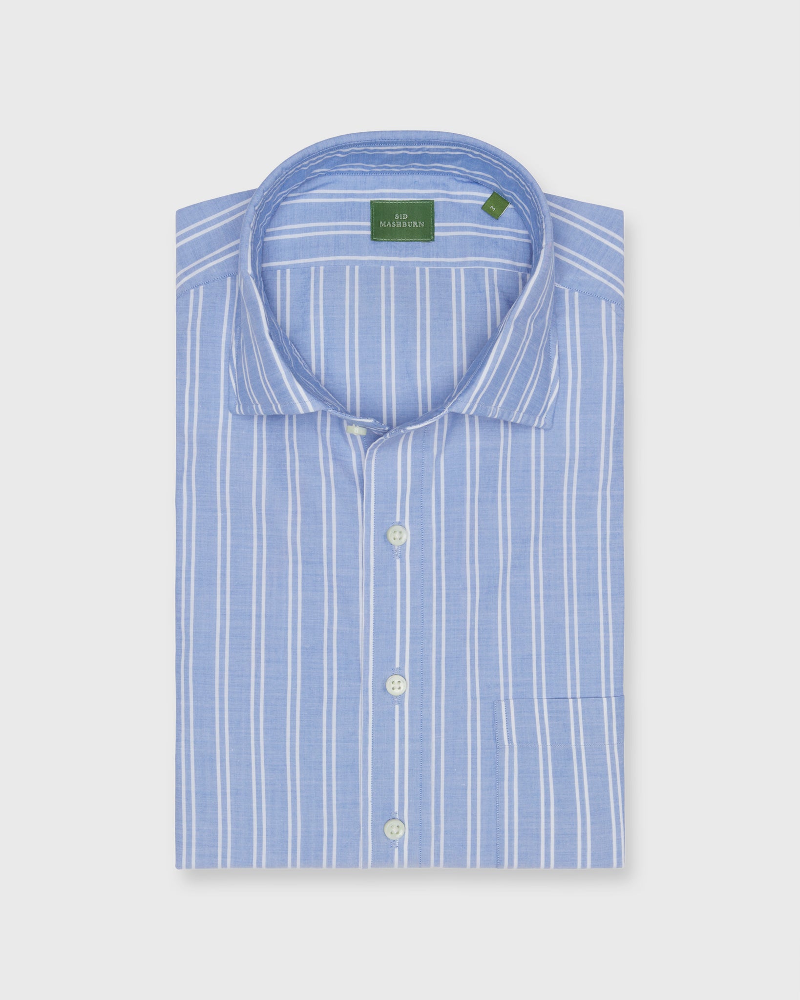 Spread Collar Popover Shirt in Blue Double Stripe Poplin