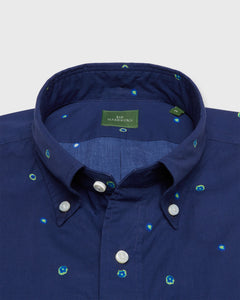 Short-Sleeved Button-Down Sport Shirt in Navy/Green/Blue Tie-Dye Dot Print Poplin