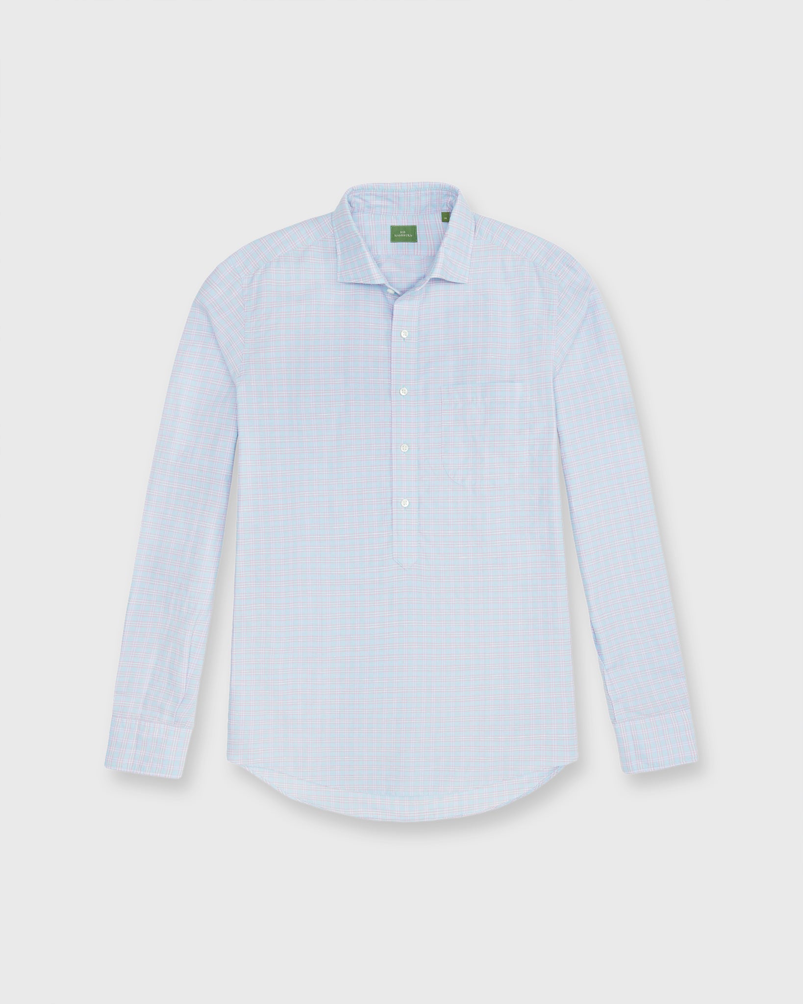Spread Collar Popover Shirt in Sky/Pink Plaid Linen