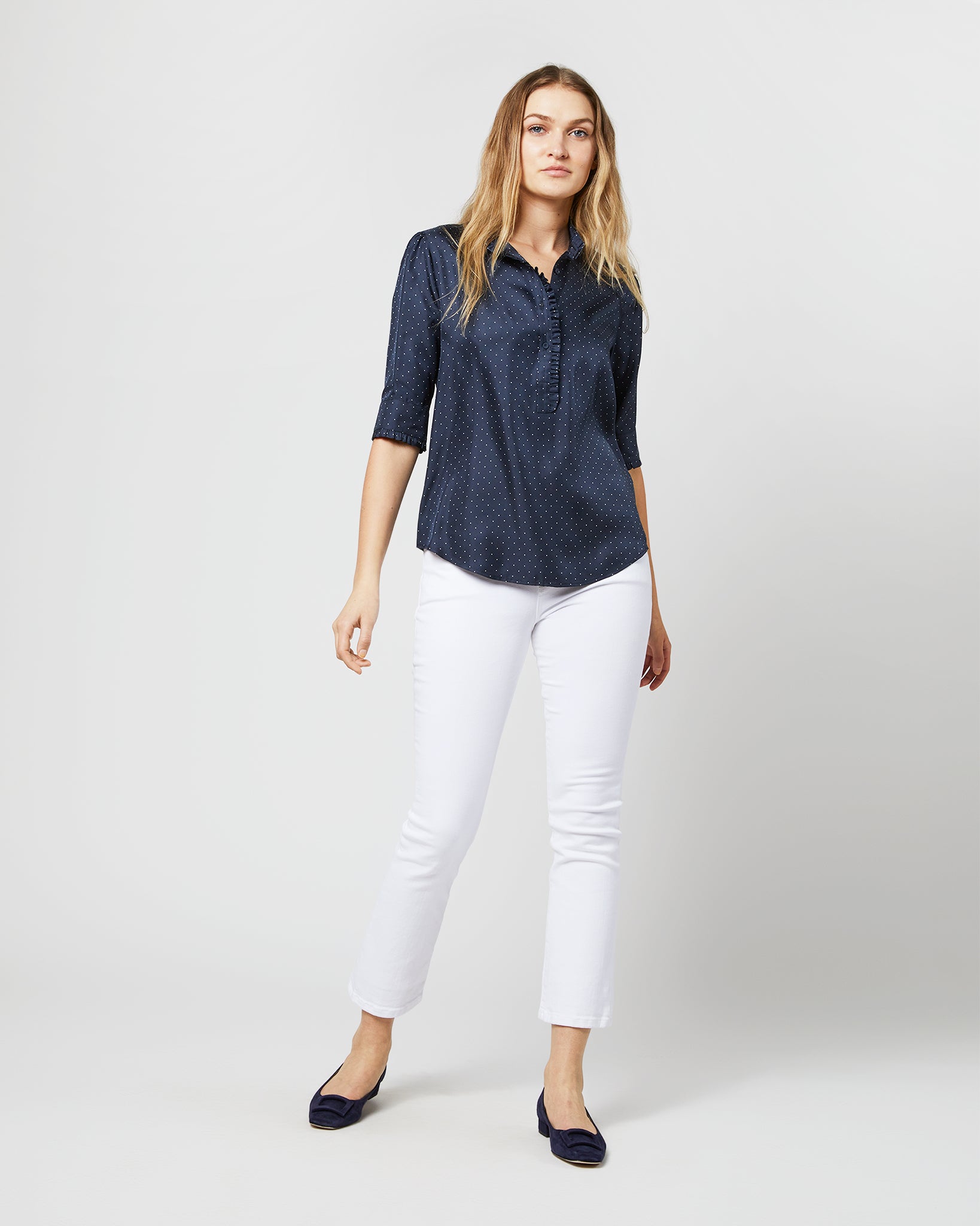 Elbow-Sleeve Frill Blouse in Navy/White Polka Dot Silk Twill