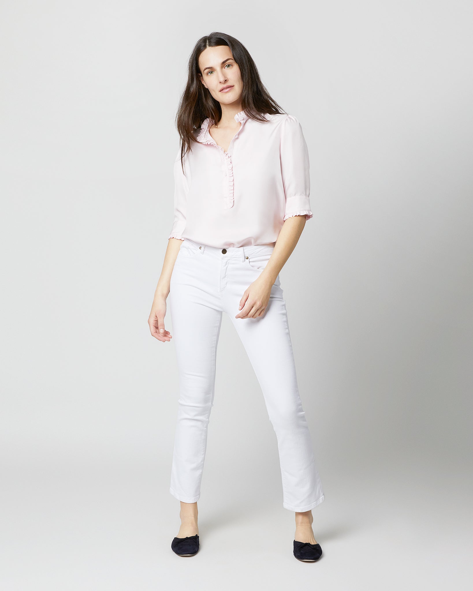 Elbow-Sleeve Frill Blouse in Pale Pink Silk Twill