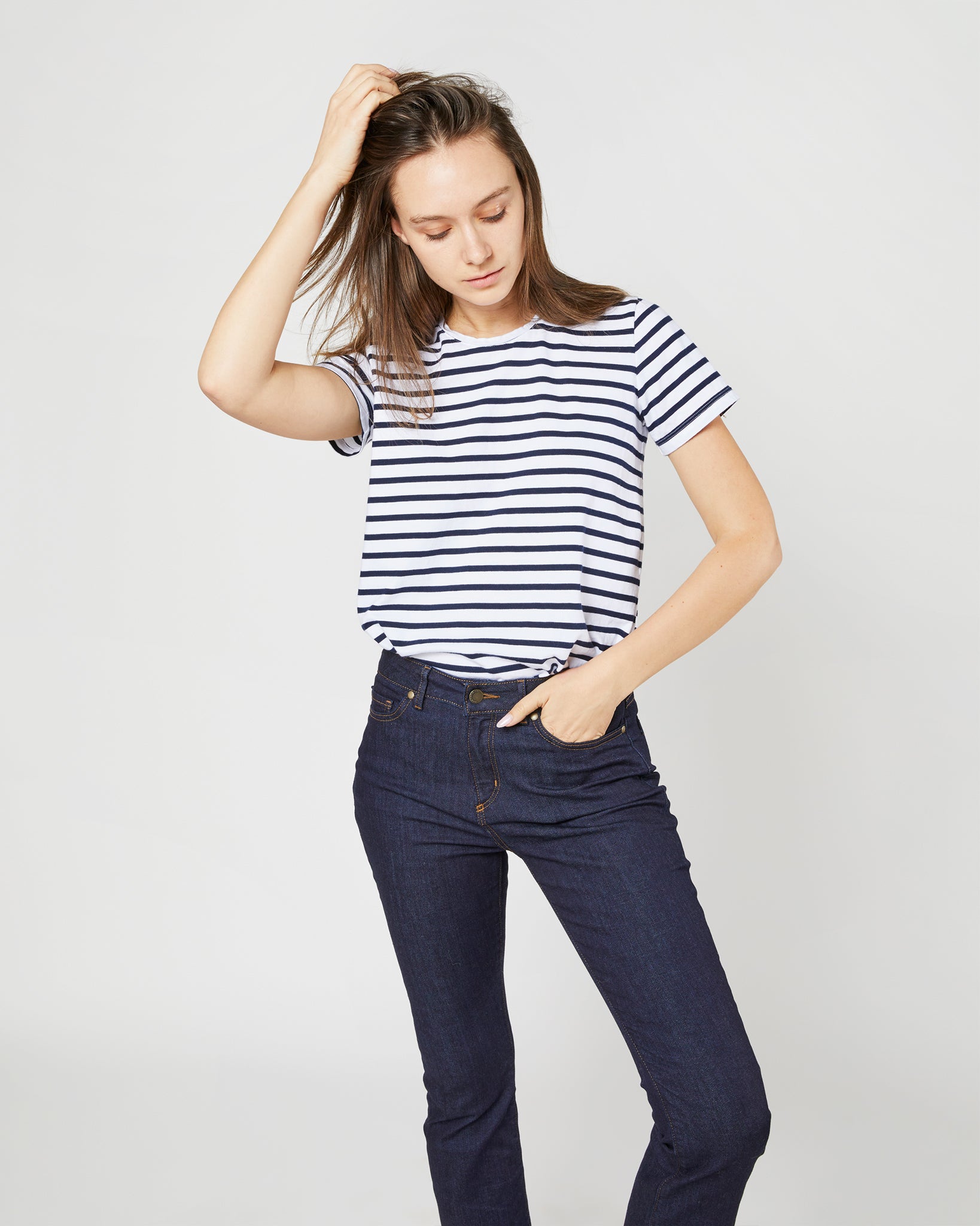 Short-Sleeved Relaxed Tee in White/Navy Stripe Jersey